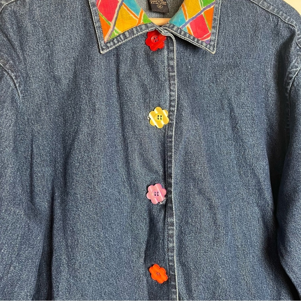 New Directions Vintage 90s Y2K Denim Jacket Multicolor Print Flower Button Up M - Picture 4 of 6